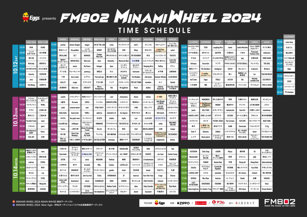 「FM802 MINAMI WHEEL 2024」タイムテーブルのお知らせ